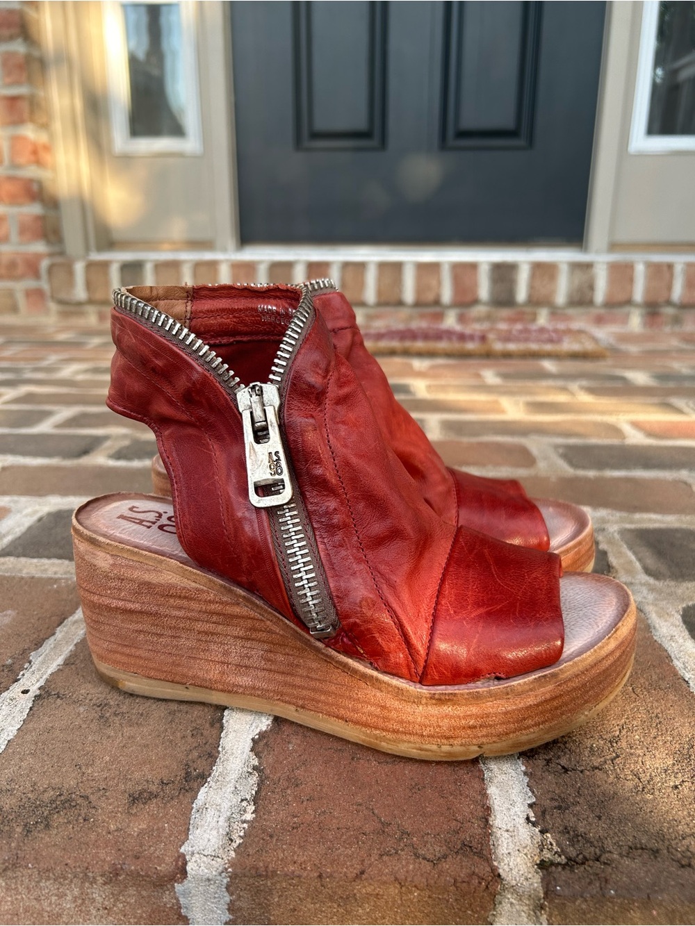A.S.98 Naylor Rust Red Leather Zipper Peep Toe Wedge Sandals 36 5.5 6